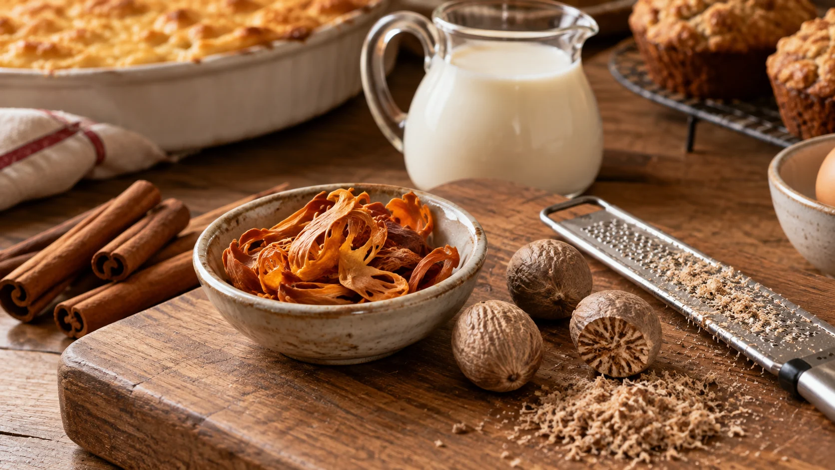 Nutmeg and mace with grated nutmeg and cooking ingredients on a wooden kitchen surface