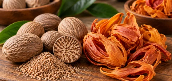 Nutmeg vs Mace – Difference, Uses and Cooking Guide Nutmeg and mace spices displayed together with whole nutmeg, grated nutmeg and dried mace on a wooden surface