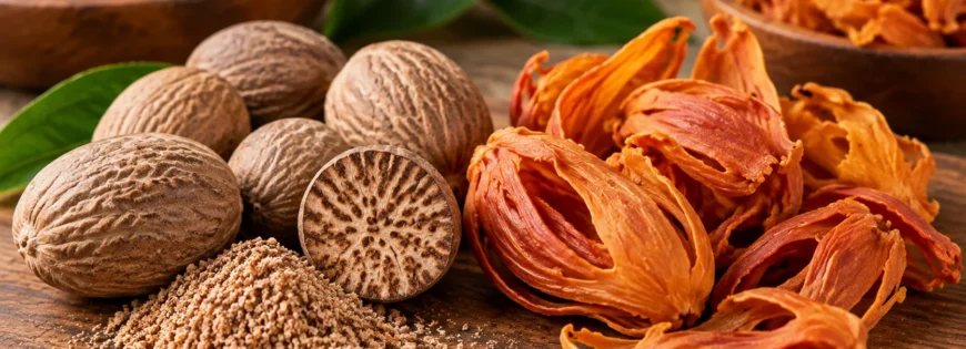 Nutmeg and mace spices displayed together with whole nutmeg, grated nutmeg and dried mace on a wooden surface