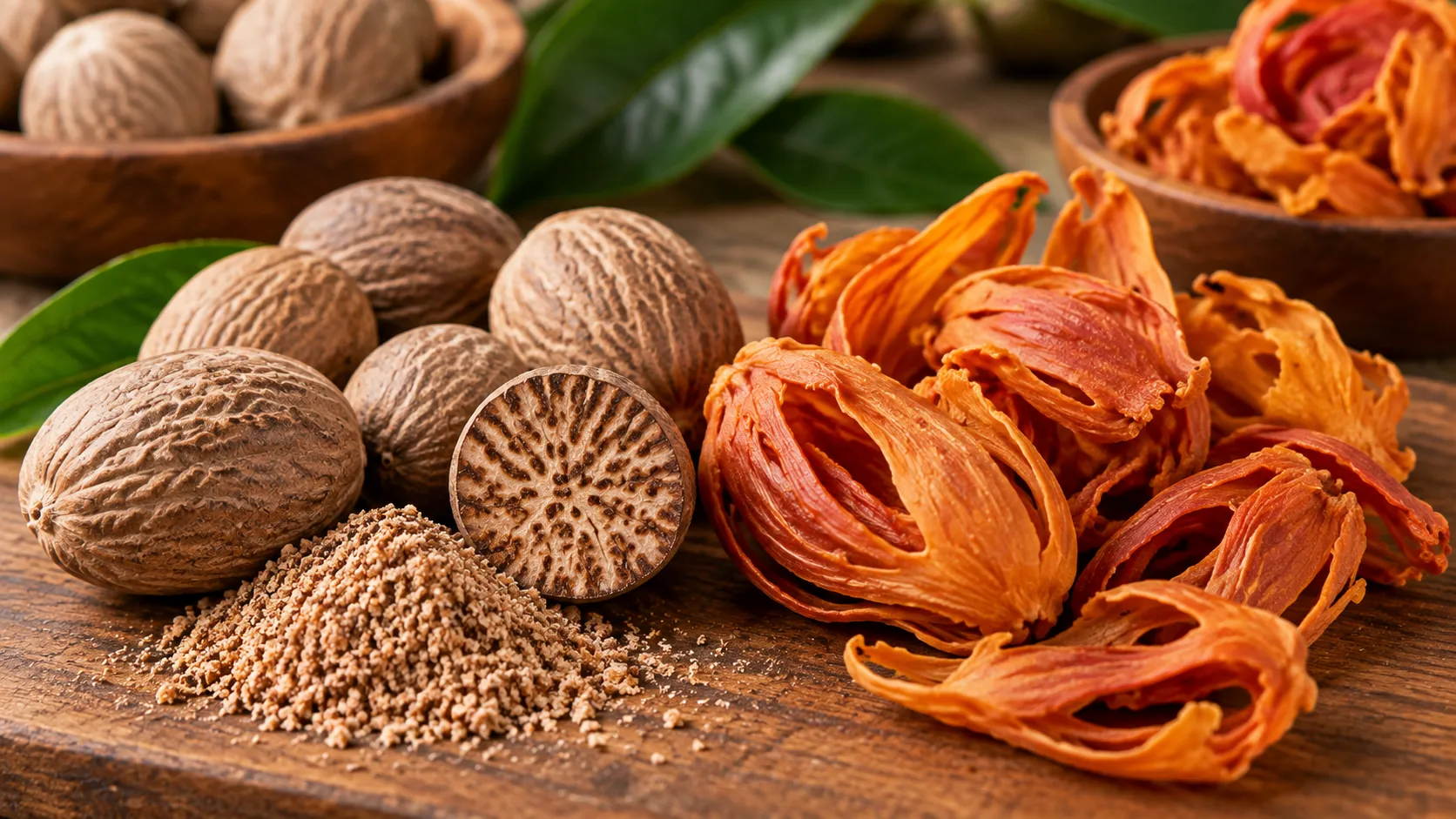 Nutmeg and mace spices displayed together with whole nutmeg, grated nutmeg and dried mace on a wooden surface