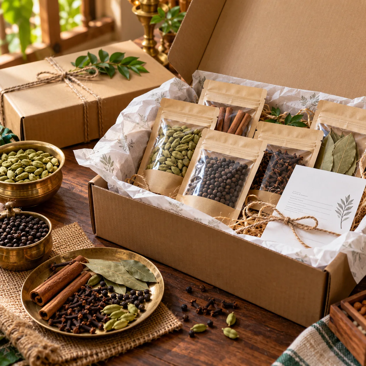 Kerala whole spices including cardamom black pepper cinnamon cloves and bay leaves packed for delivery