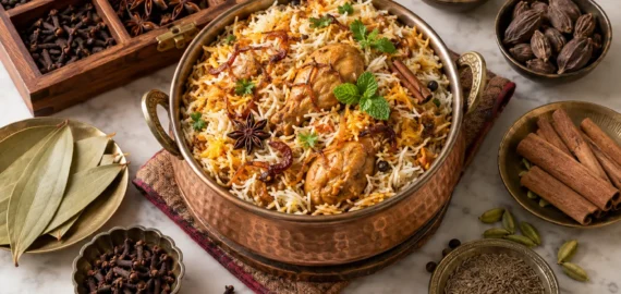 Whole Spices for Biryani with Chicken Biryani Chicken biryani with whole spices including cinnamon, cardamom, cloves, star anise, bay leaf and cumin
