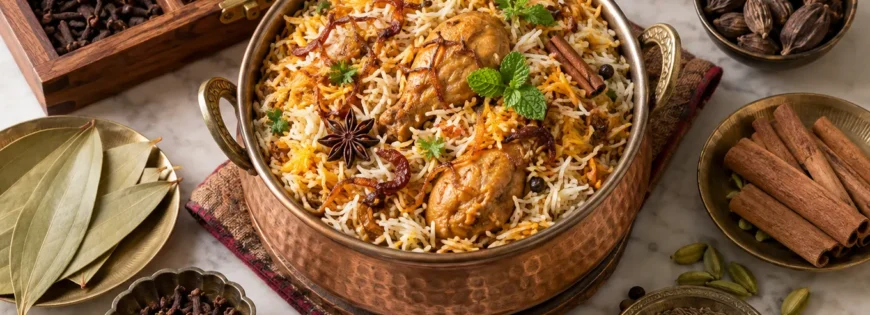Chicken biryani with whole spices including cinnamon, cardamom, cloves, star anise, bay leaf and cumin