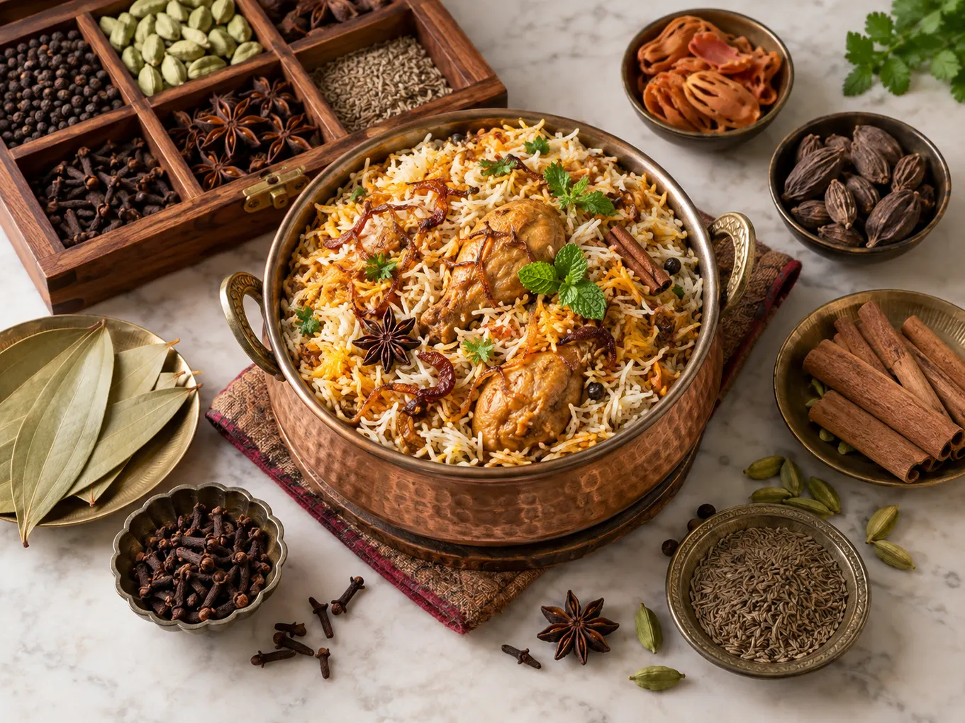Chicken biryani with whole spices including cinnamon, cardamom, cloves, star anise, bay leaf and cumin