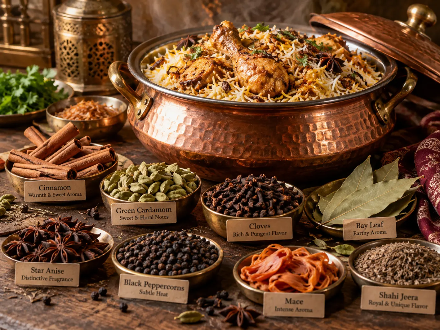 Cinnamon green cardamom cloves bay leaf star anise black pepper mace and shahi jeera beside chicken biryani
