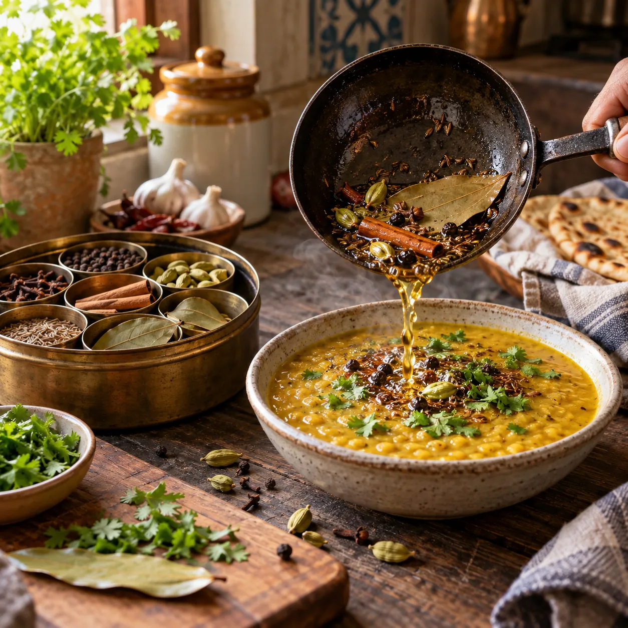 Whole spice tadka with cardamom cinnamon bay leaf cloves and black pepper being poured over dal