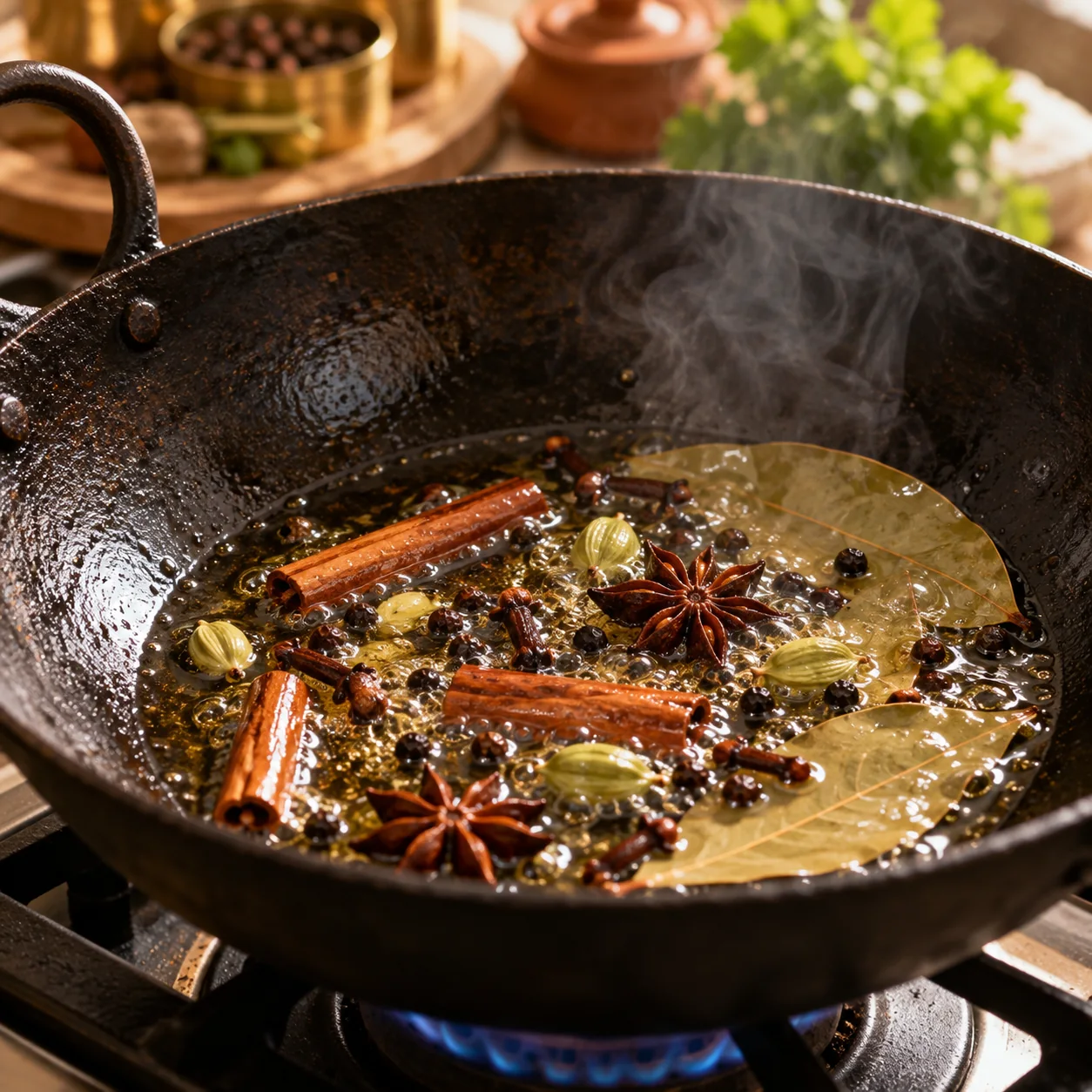 Tempering spices in hot oil with cinnamon cardamom cloves black pepper star anise and bay leaves