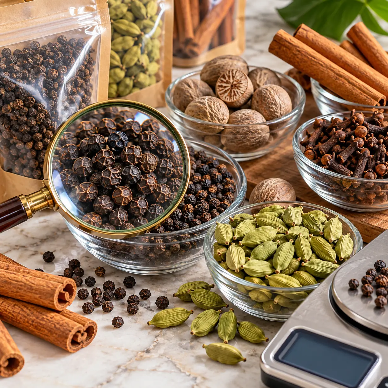 Kerala spice quality inspection with black pepper cardamom cinnamon cloves and nutmeg