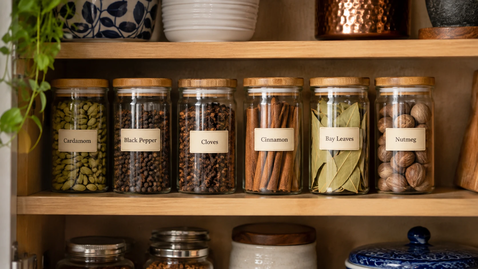 Whole Indian spices stored in labelled airtight glass jars on a wooden pantry shelf