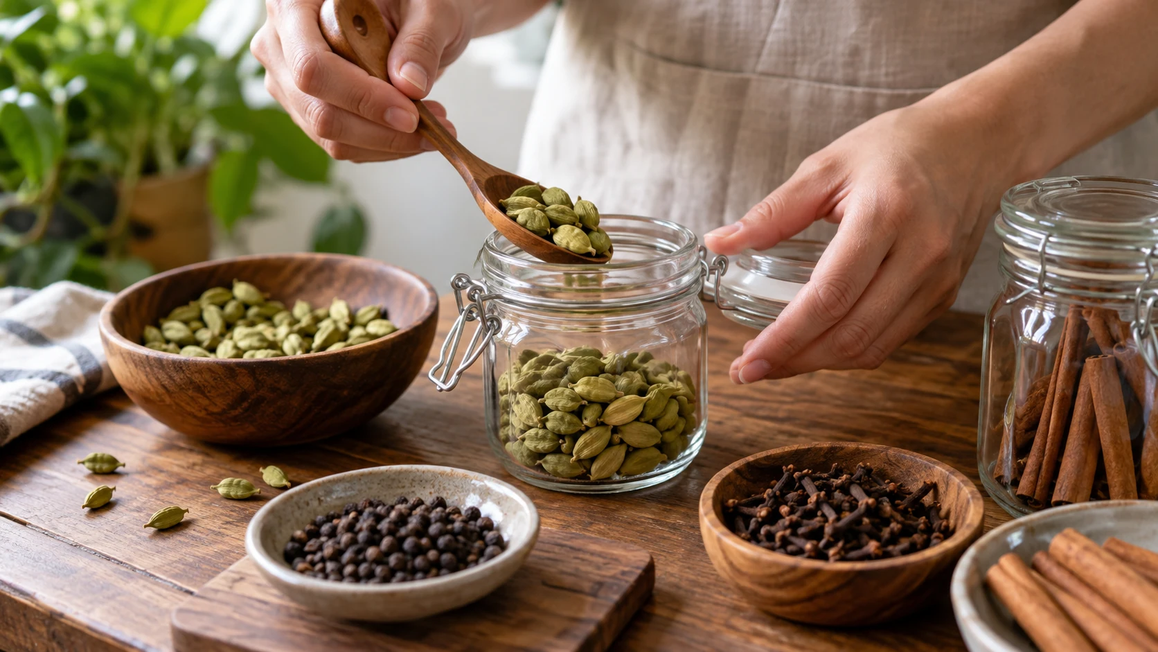 Storing whole cardamom in an airtight glass jar with black pepper cloves and cinnamon nearby