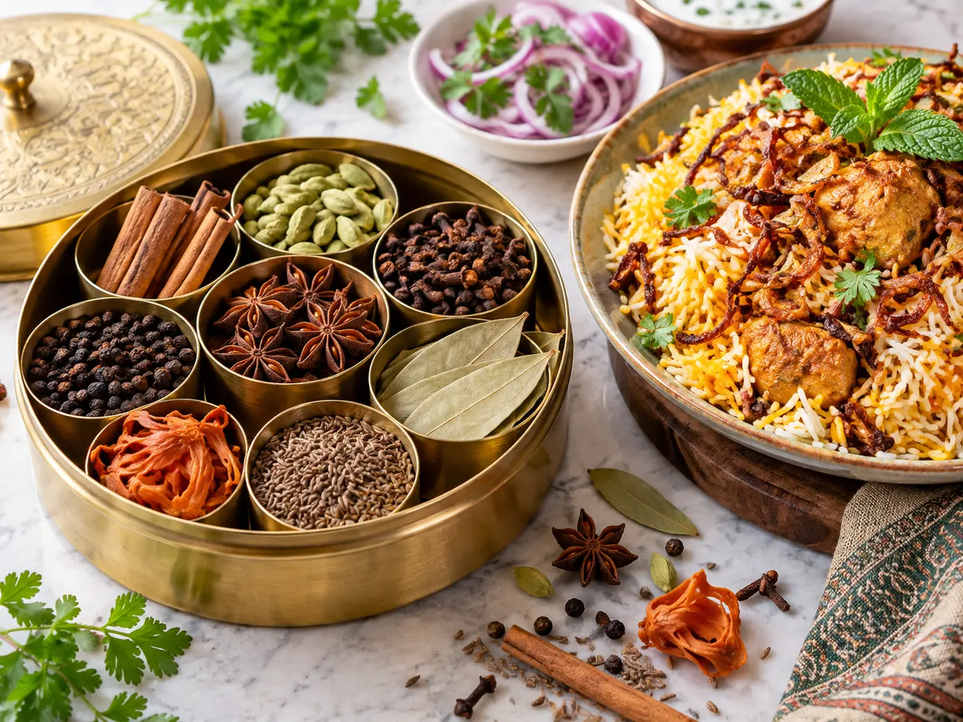 Whole spice selection with cinnamon cardamom cloves star anise bay leaf black pepper and mace beside biryani