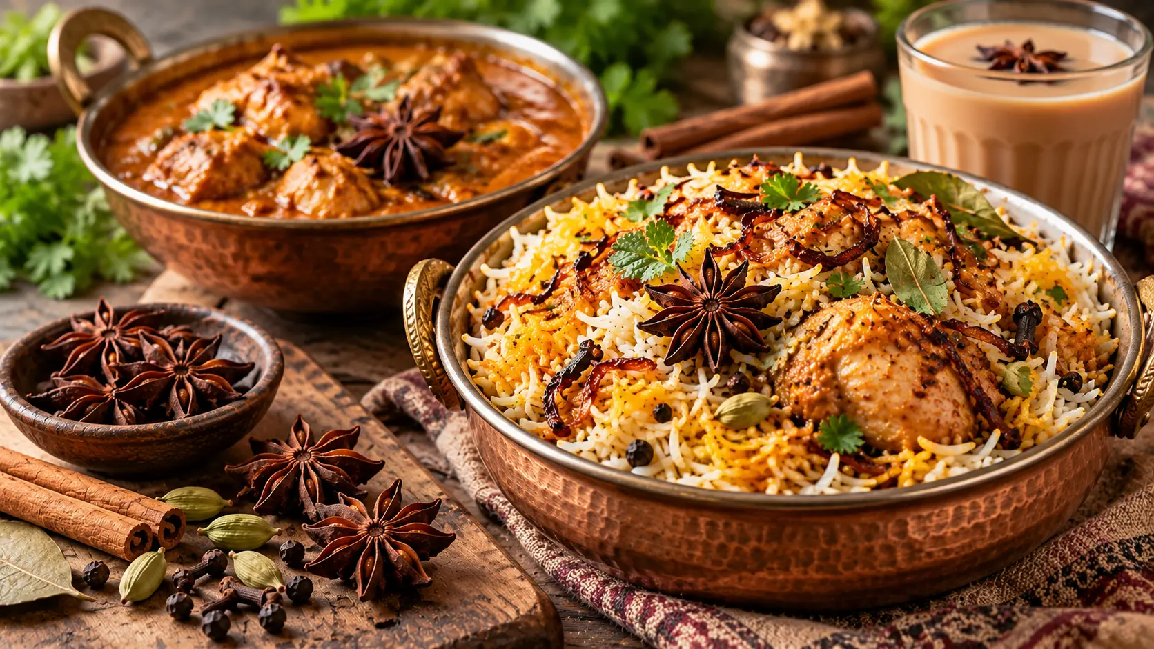 Star anise used in chicken biryani with curry chai and whole Indian spices