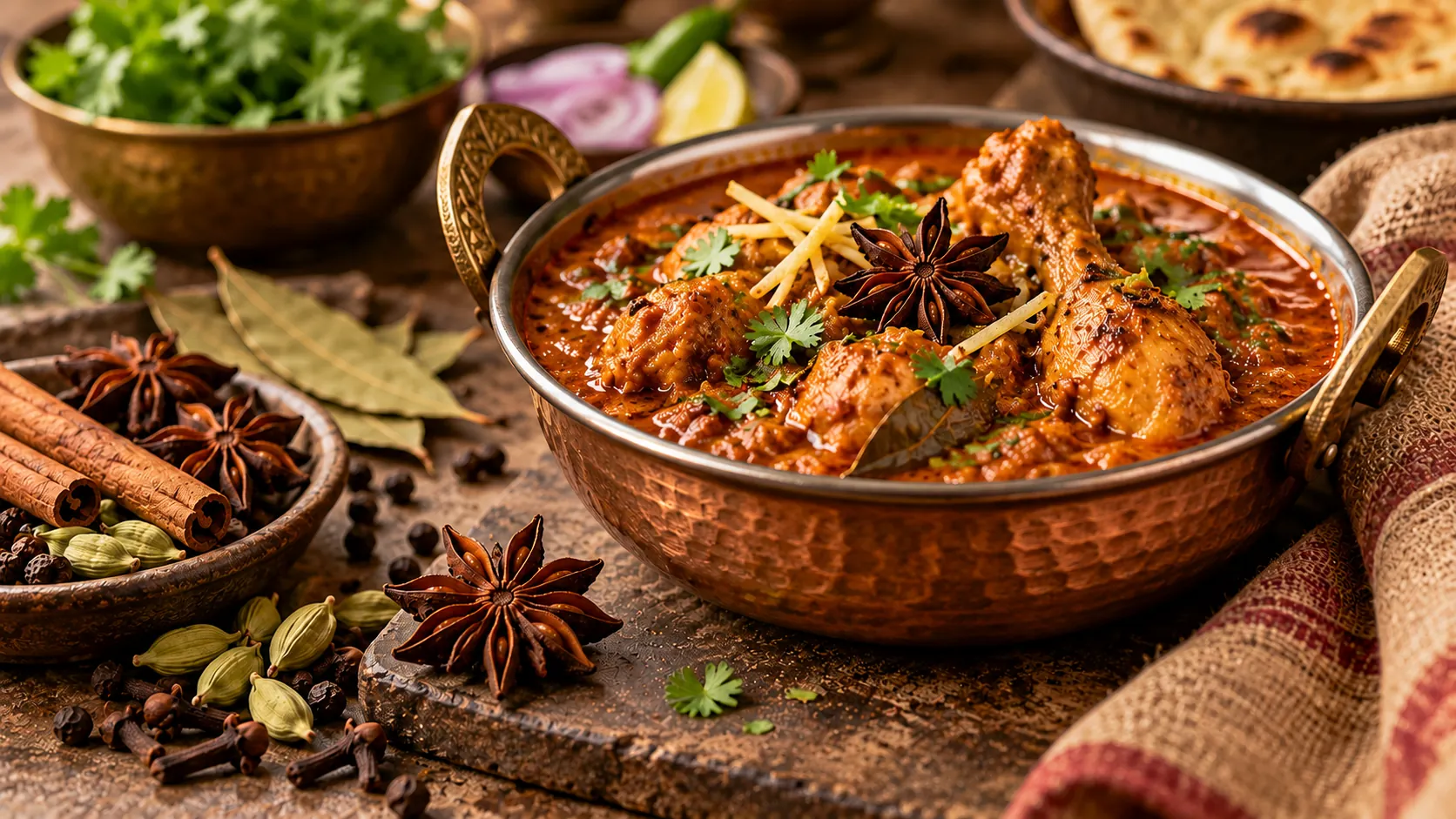 Indian chicken curry with star anise cinnamon cardamom and other whole spices