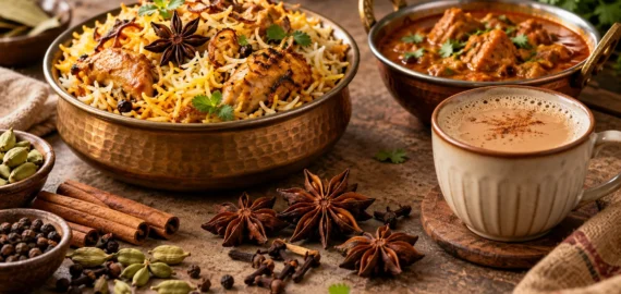 How to Use Star Anise in Indian Cooking Star anise used in Indian cooking with biryani, curry and masala chai