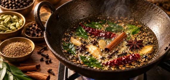 Tempering Spices in the Right Order for Better Aroma and Flavour Tempering spices in hot oil with cinnamon, cloves, cardamom, star anise, curry leaves and dried red chilli in an Indian kadai