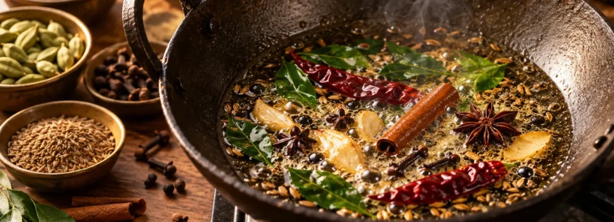 Tempering spices in hot oil with cinnamon, cloves, cardamom, star anise, curry leaves and dried red chilli in an Indian kadai