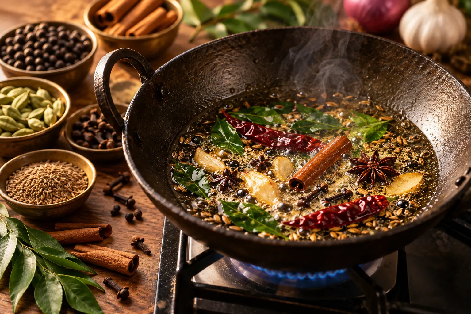 Tempering spices in hot oil with cinnamon, cloves, cardamom, star anise, curry leaves and dried red chilli in an Indian kadai