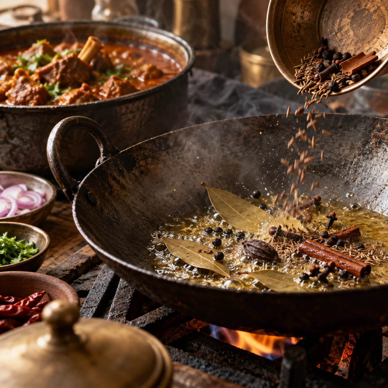 Whole Indian curry spices including cumin black pepper cloves cinnamon bay leaf and cardamom tempering in hot oil