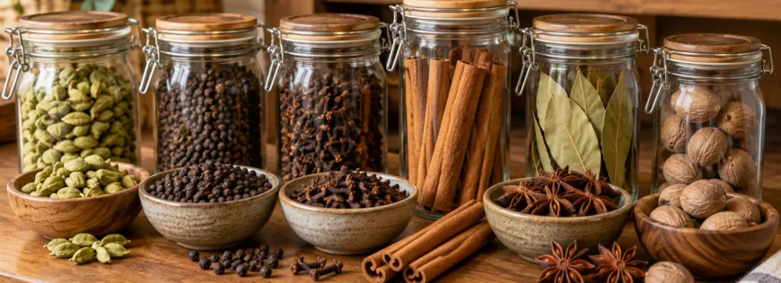 Whole Indian spices stored in airtight glass jars to keep them fresh and aromatic