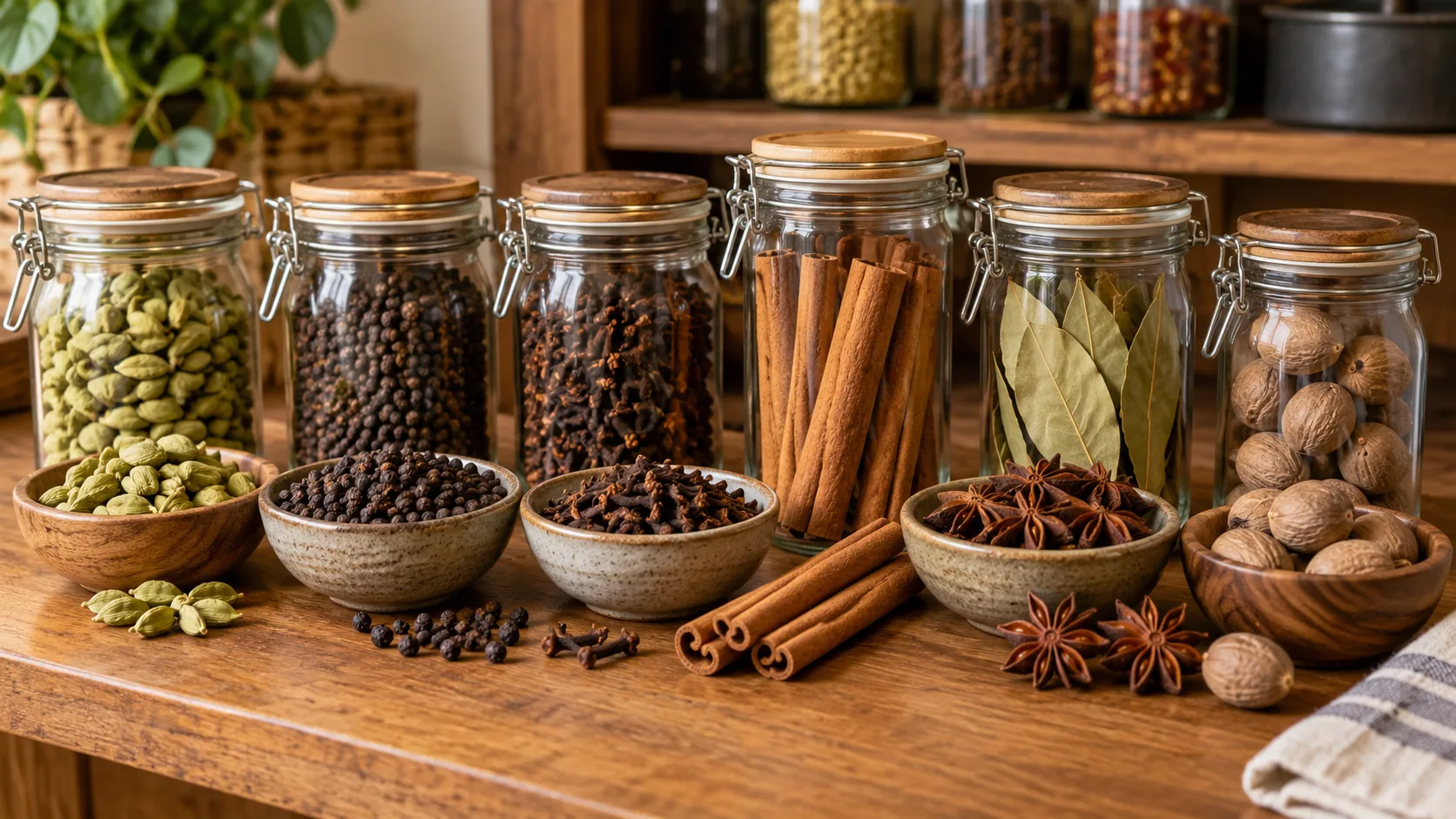 Whole Indian spices stored in airtight glass jars to keep them fresh and aromatic