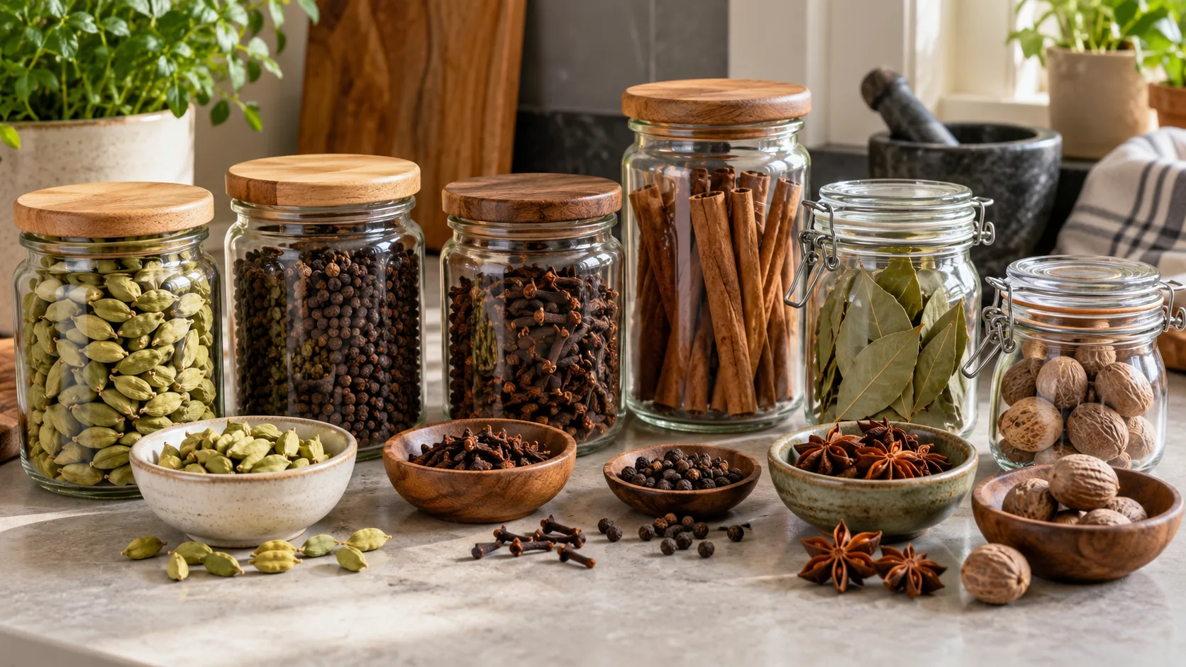 Whole Indian spices including cardamom, black pepper, cloves, cinnamon, bay leaves and nutmeg stored in glass jars